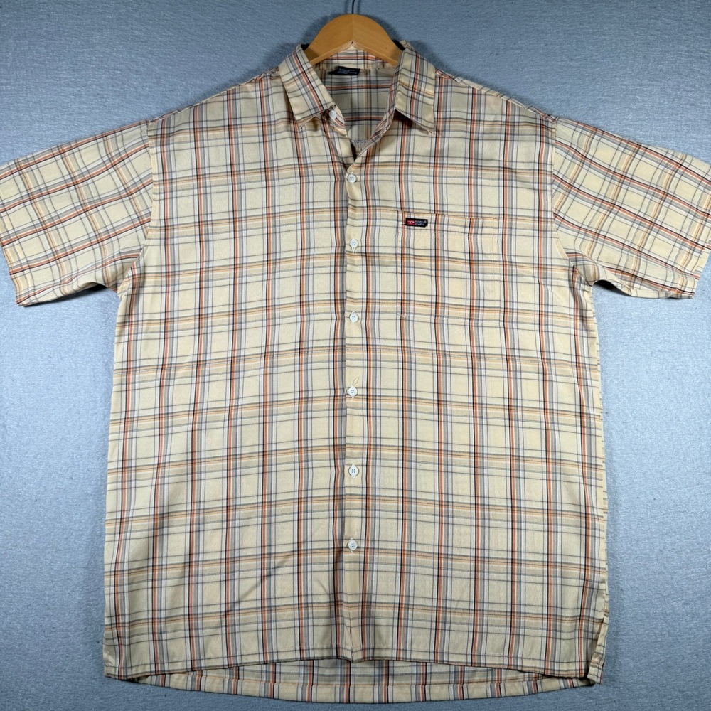 Diesel‎ Mens Short Sleeve Plaid Button Down Shirt Tan Orange Blue Size Large